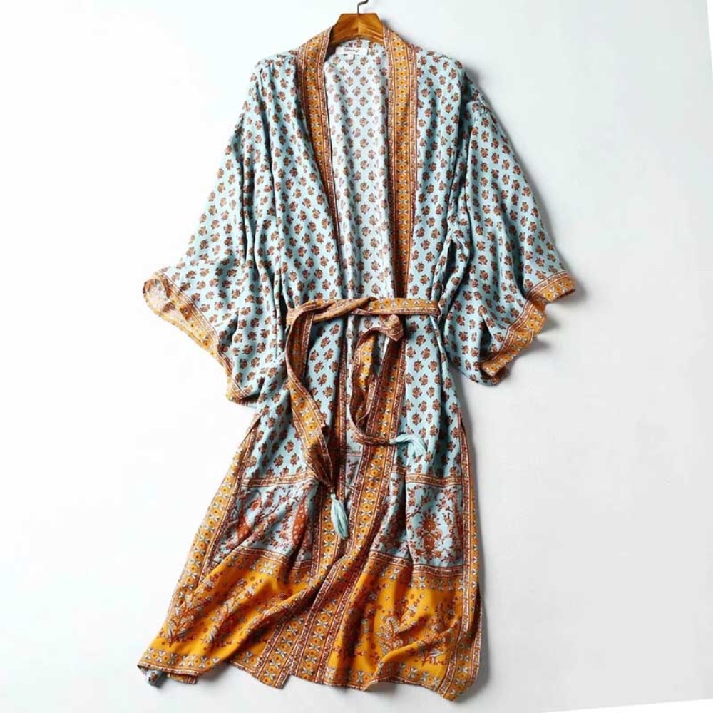 Red boho  Floral print Kimono Beach Cover Belted - Picture 6 of 14